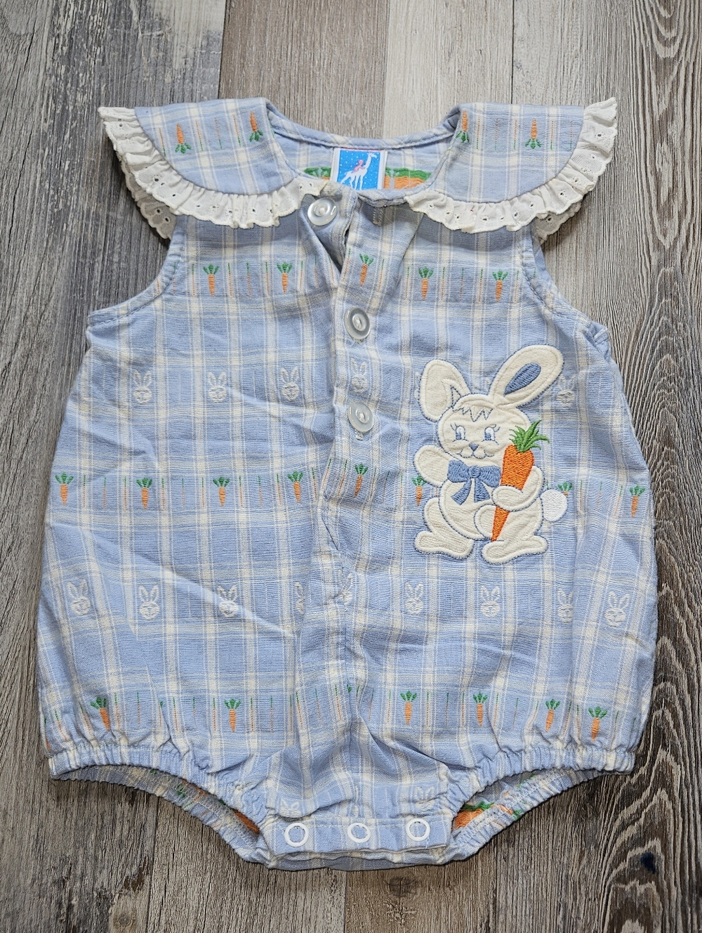 Vintage Toddle Tyke Easter Bunny Carrots Bubble 6m Blue White Plaid
